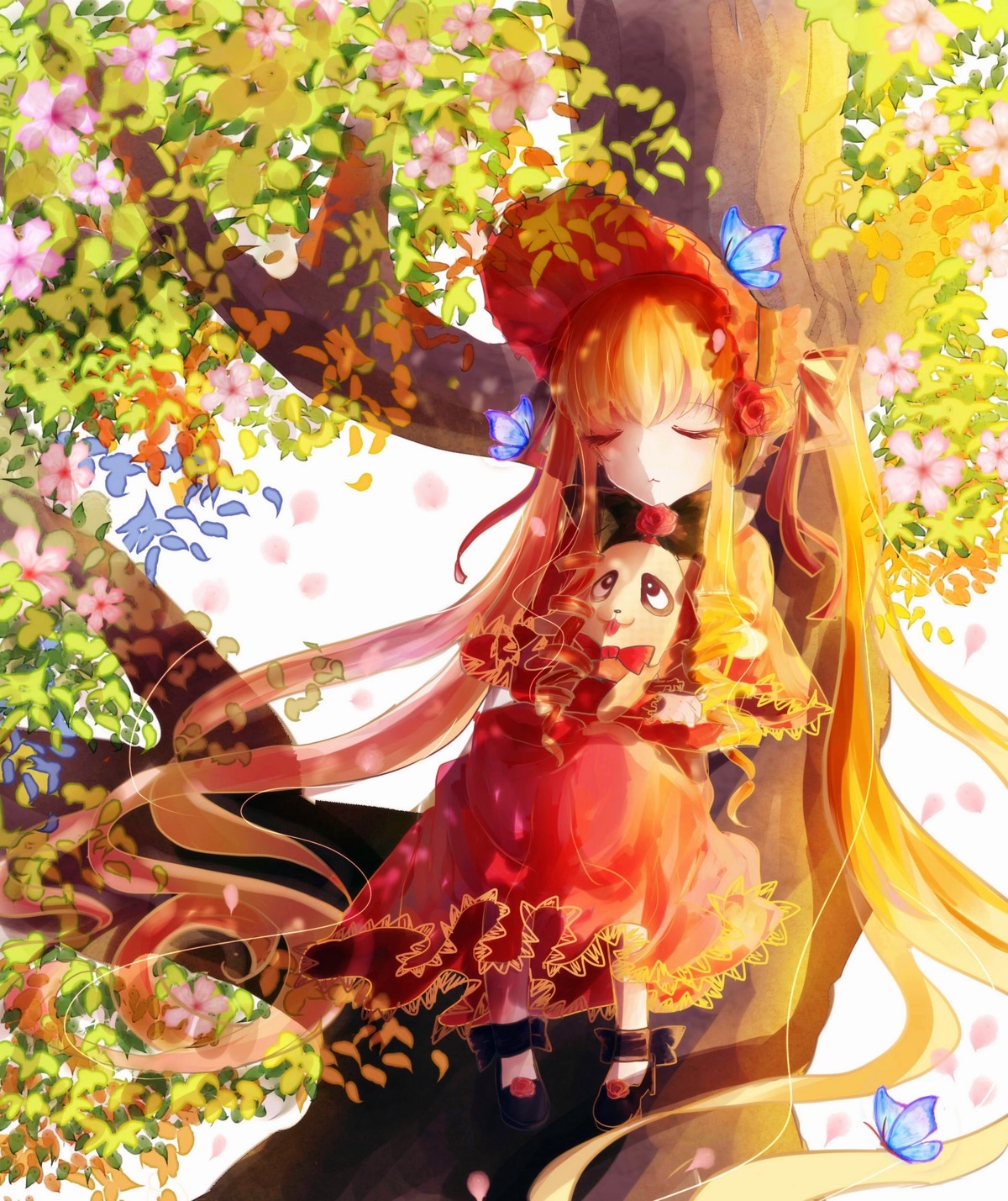 1girl auto_tagged blonde_hair blue_butterfly bonnet bug butterfly closed_eyes dress flower image insect long_hair petals red_dress rose shinku solo twintails very_long_hair yellow_flower