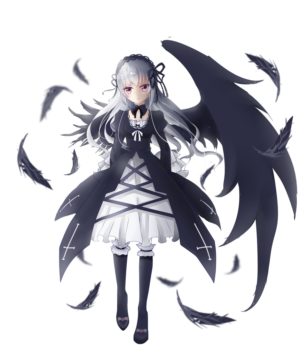 1girl bird black_feathers black_wings dress feathered_wings feathers flower frills full_body hairband image long_hair long_sleeves looking_at_viewer purple_eyes ribbon silver_hair solo suigintou white_background white_feathers wings