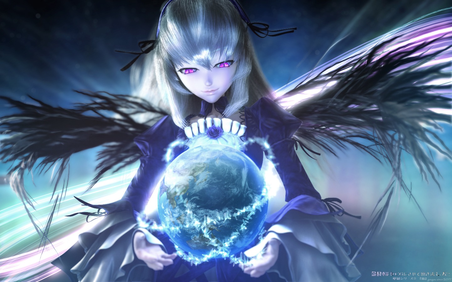 1girl black_dress black_ribbon black_wings dress flower frills hair_ribbon hairband image long_hair long_sleeves looking_at_viewer purple_eyes ribbon silver_hair smile solo suigintou very_long_hair wings