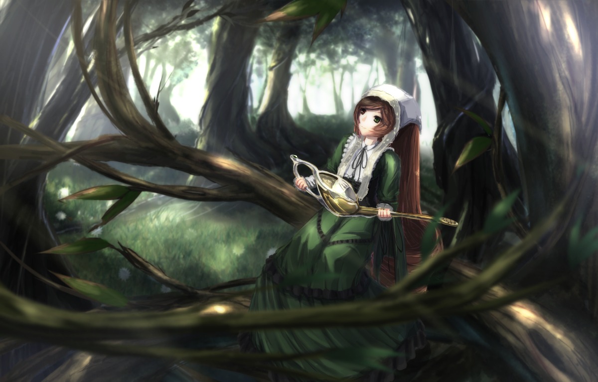 1girl bangs brown_hair dress forest green_dress green_eyes head_scarf holding image instrument long_sleeves looking_at_viewer nature outdoors playing_instrument solo suiseiseki tree