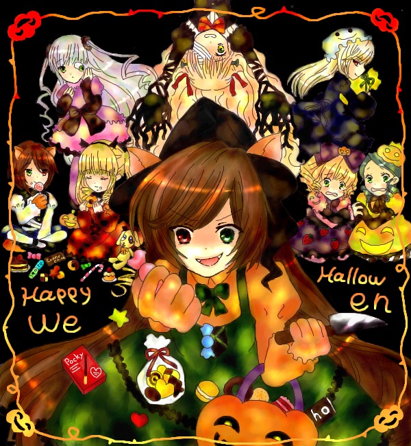 6+girls animal_ears auto_tagged blonde_hair bow brown_hair cat_ears dress food green_eyes halloween hat heterochromia hina_ichigo image jack-o'-lantern kanaria multiple multiple_girls paws pumpkin red_eyes souseiseki suigintou suiseiseki tagme tail tongue tongue_out wings