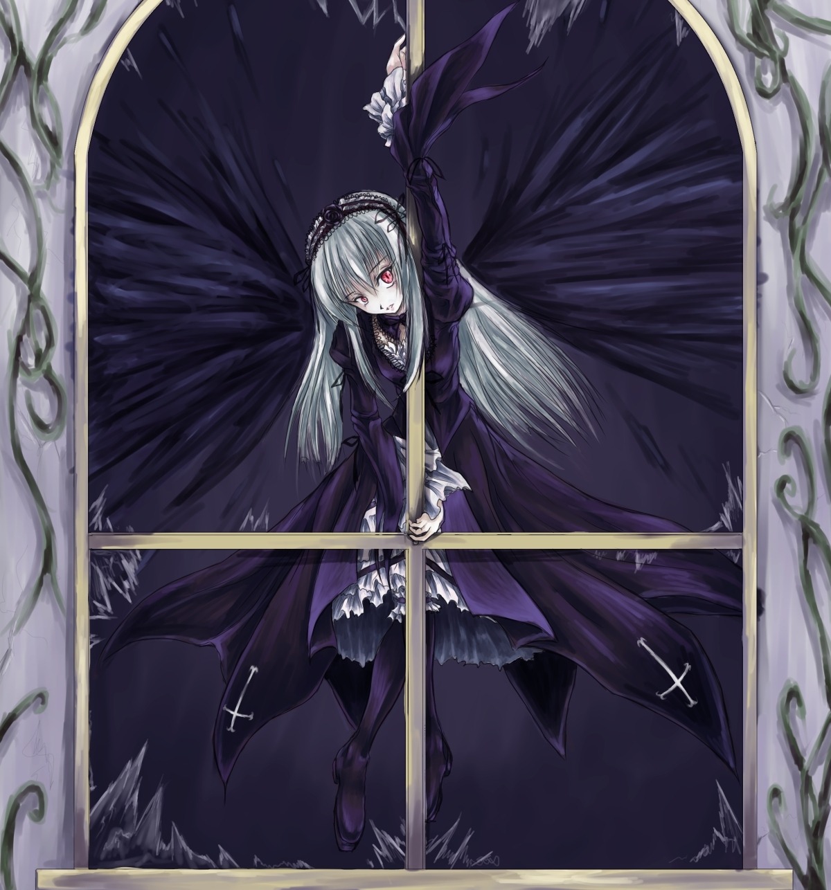 1girl black_wings cross dress flower frills hairband holding image lolita_hairband long_hair long_sleeves looking_at_viewer red_eyes rose silver_hair solo suigintou sword weapon wings