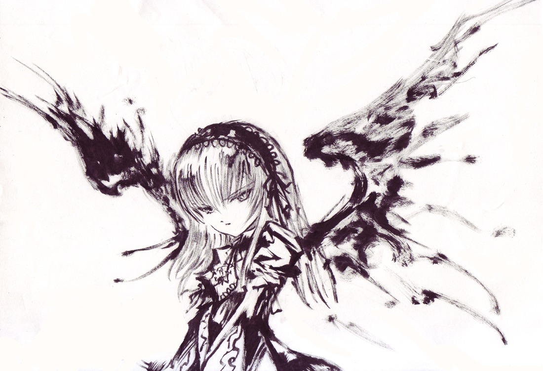 1girl dress feathers flower frills hairband image long_hair long_sleeves looking_at_viewer monochrome ribbon rose simple_background solo suigintou upper_body white_background wings