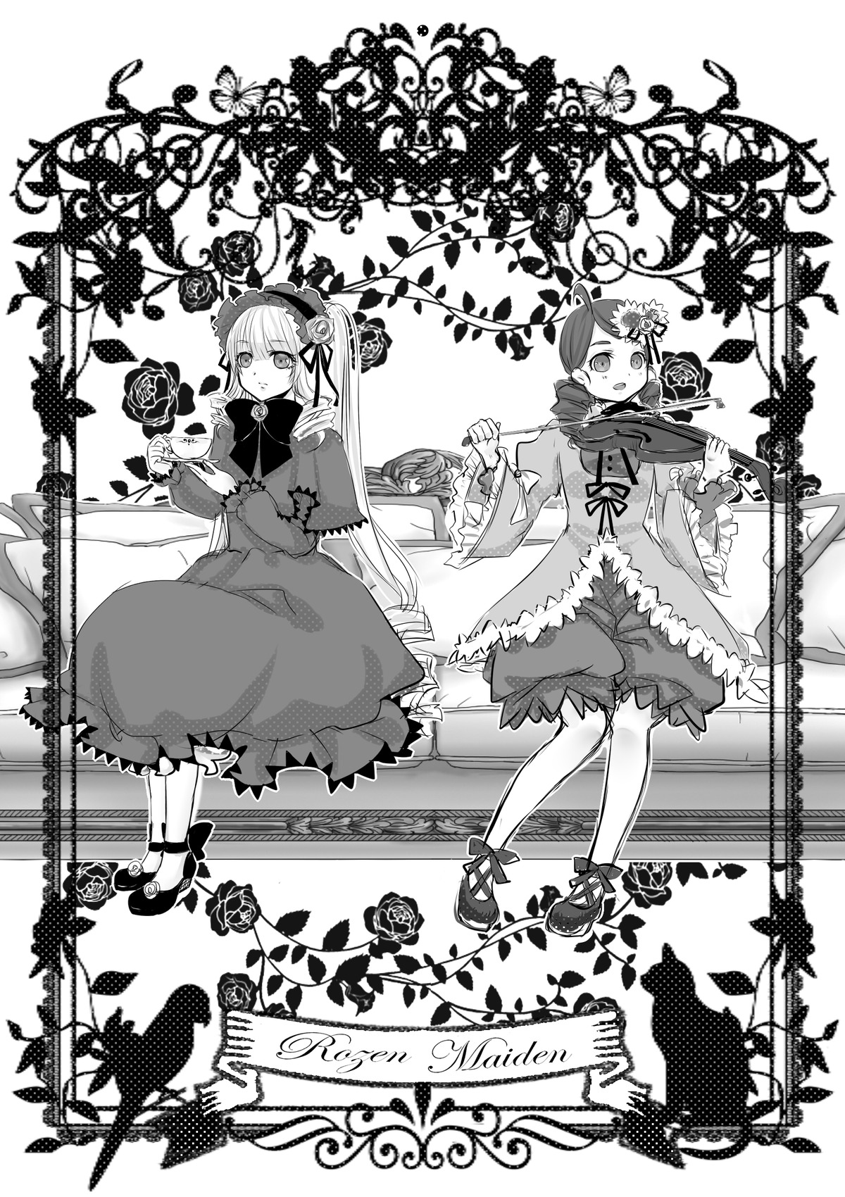 2girls 3girls bow dress flower greyscale hat image kagiyama_hina kanaria monochrome multiple_girls pair ribbon rose shinku short_hair su-san