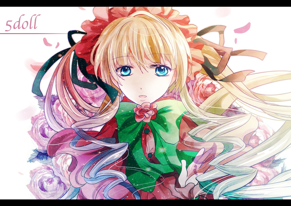 1girl blonde_hair blue_eyes bow bowtie capelet dress flower image letterboxed long_hair long_sleeves looking_at_viewer ribbon rose shinku solo upper_body