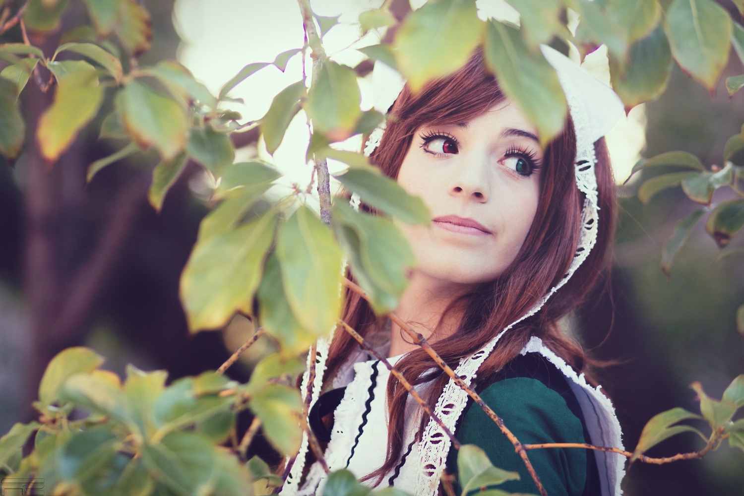 1girl bangs blurry blurry_foreground brown_hair depth_of_field flower heterochromia lips long_hair plant solo suiseiseki upper_body