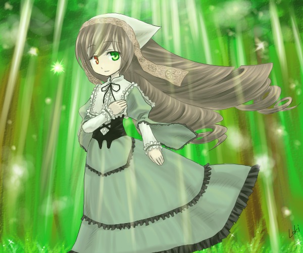 1girl brown_hair dress drill_hair forest frills green_dress green_eyes heterochromia image long_hair long_sleeves looking_at_viewer nature outdoors red_eyes solo standing suiseiseki twin_drills very_long_hair