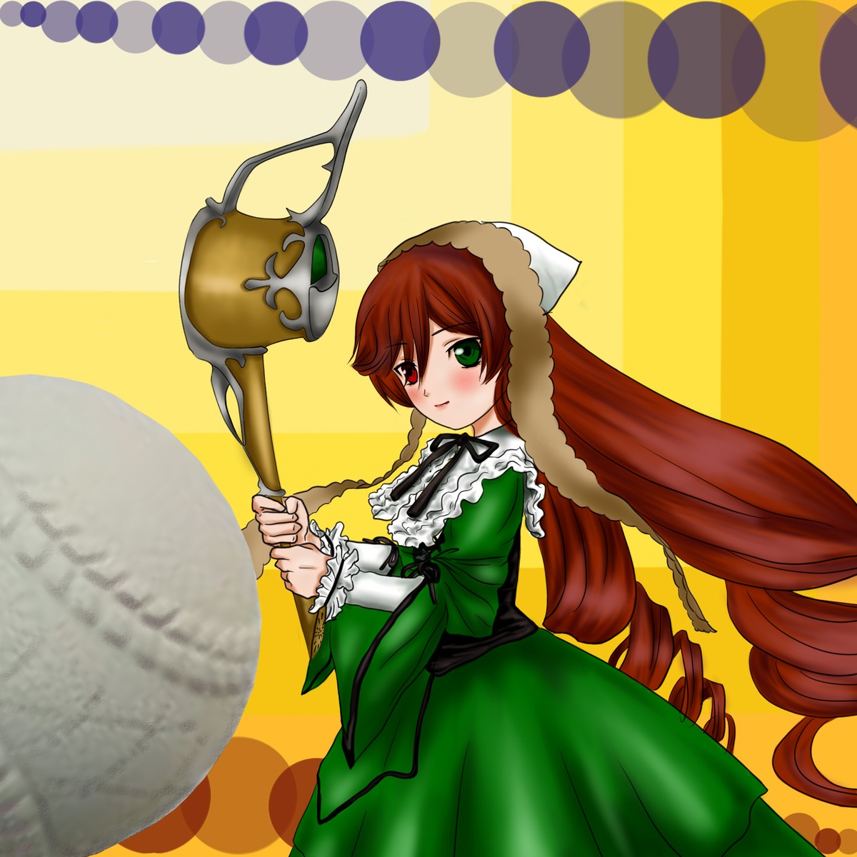 1girl brown_hair dress drill_hair frills green_dress green_eyes heterochromia image long_hair long_sleeves looking_at_viewer red_eyes solo suiseiseki twin_drills twintails very_long_hair watering_can yellow_background