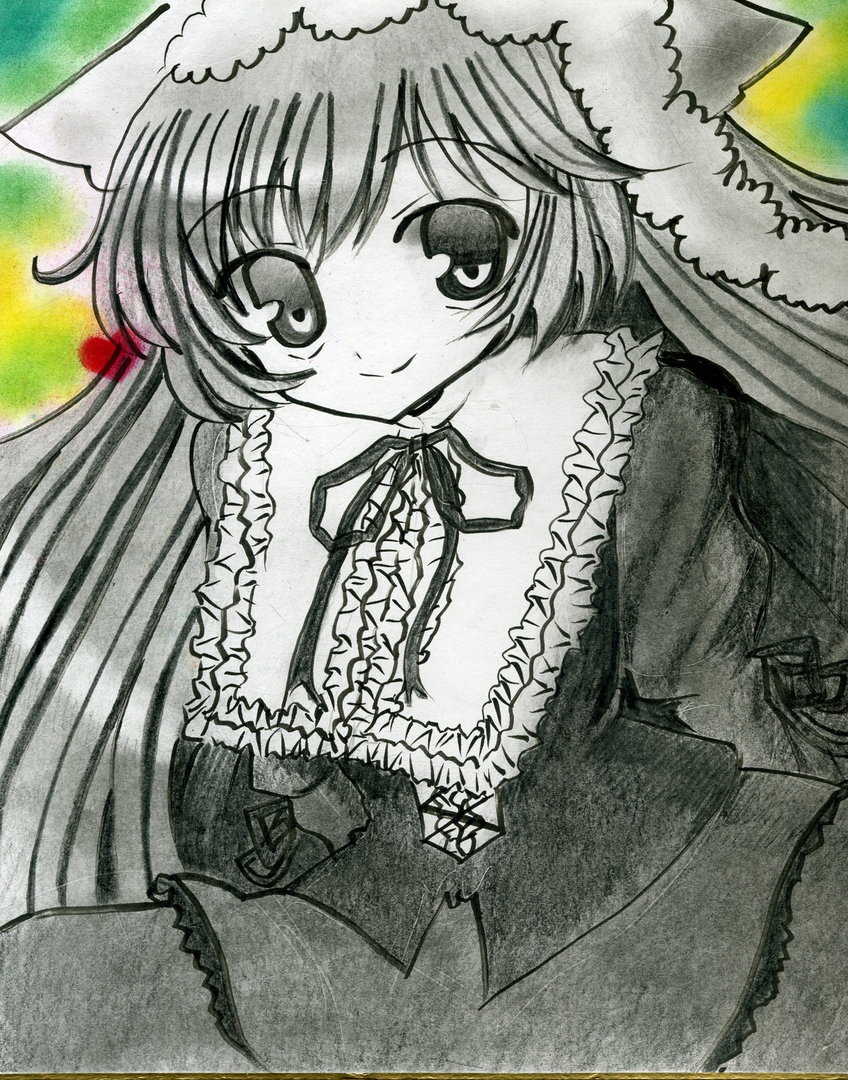 1girl dress frills greyscale hat image long_hair long_sleeves looking_at_viewer marker_(medium) monochrome ribbon smile solo suiseiseki traditional_media very_long_hair