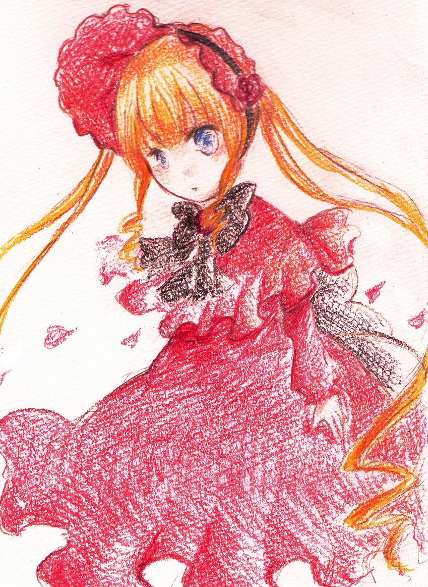 1girl blonde_hair blue_eyes bow dress flower hairband image long_hair looking_at_viewer red_dress shinku solo twintails