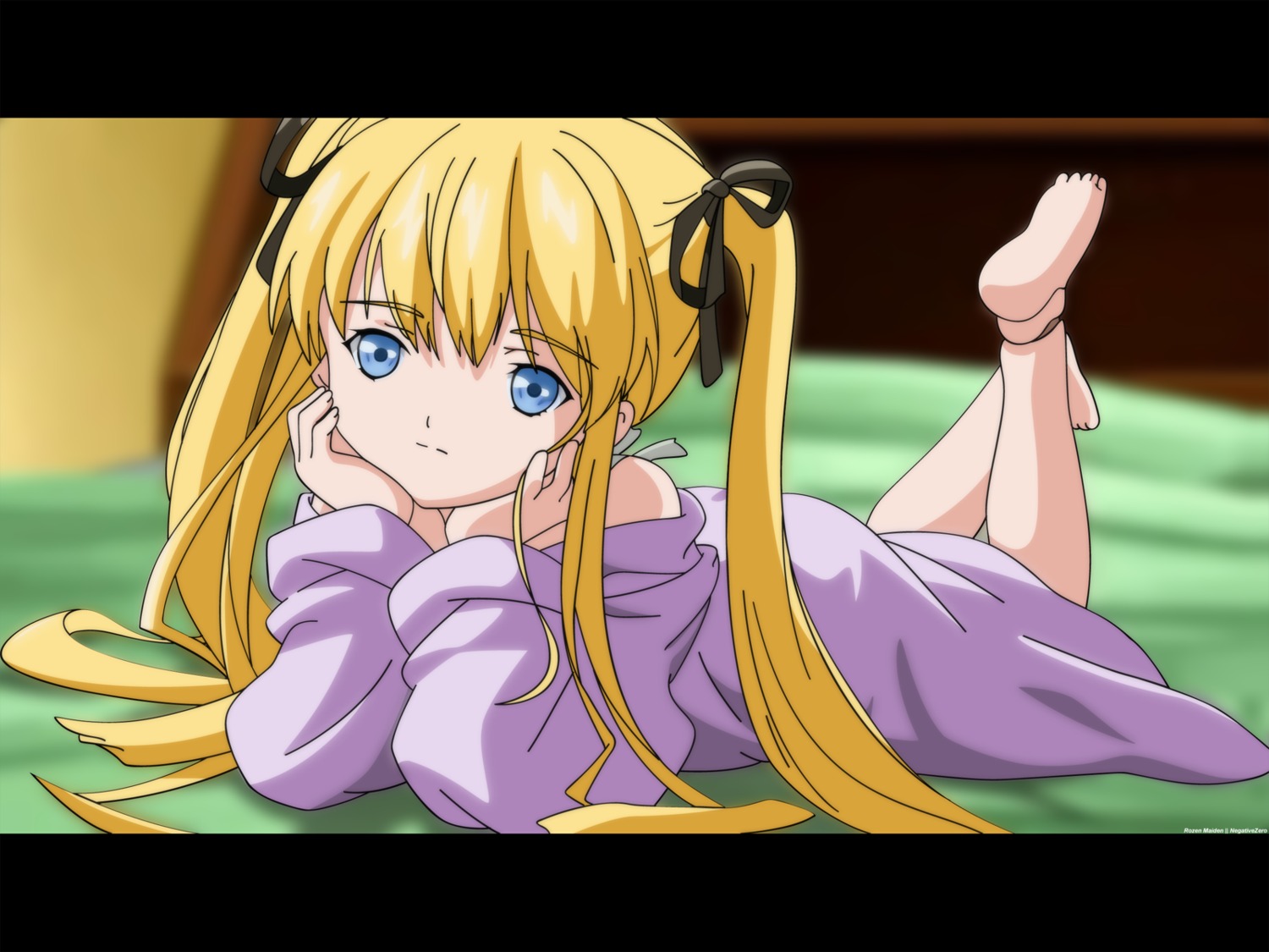 1girl bare_shoulders barefoot blonde_hair blue_eyes blurry blurry_background chin_rest depth_of_field hair_ribbon image indoors legs_up letterboxed long_hair looking_at_viewer lying off_shoulder on_stomach ribbon shinku solo the_pose twintails