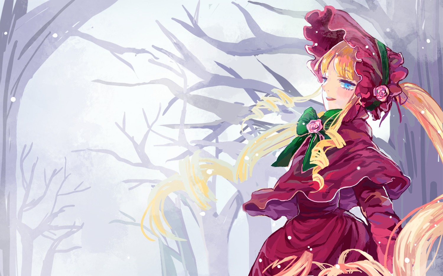 1girl blonde_hair blue_eyes bonnet bow bowtie dress flower green_bow image long_hair long_sleeves red_capelet red_dress rose shinku smile solo twintails very_long_hair