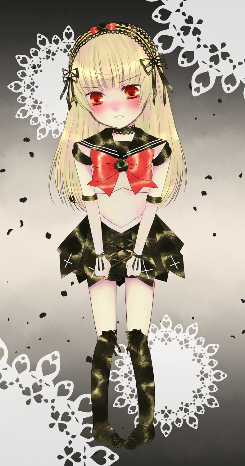 1girl auto_tagged black_footwear black_legwear blonde_hair blush boots image joints long_hair looking_at_viewer red_eyes school_uniform serafuku skirt solo standing suigintou thigh_boots thighhighs