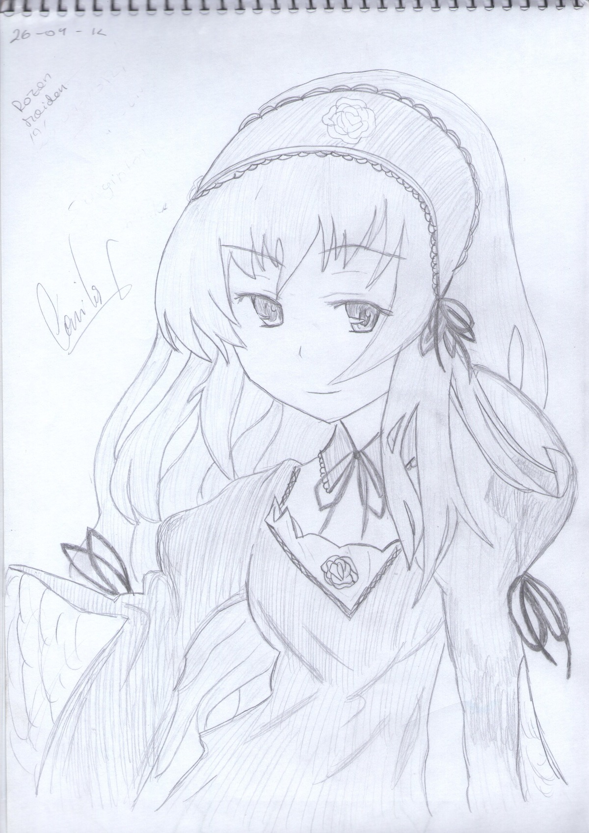 1girl bangs blue_theme closed_mouth eyebrows_visible_through_hair hair_ribbon hairband image long_hair long_sleeves looking_at_viewer monochrome ribbon signature sketch smile solo suigintou traditional_media upper_body