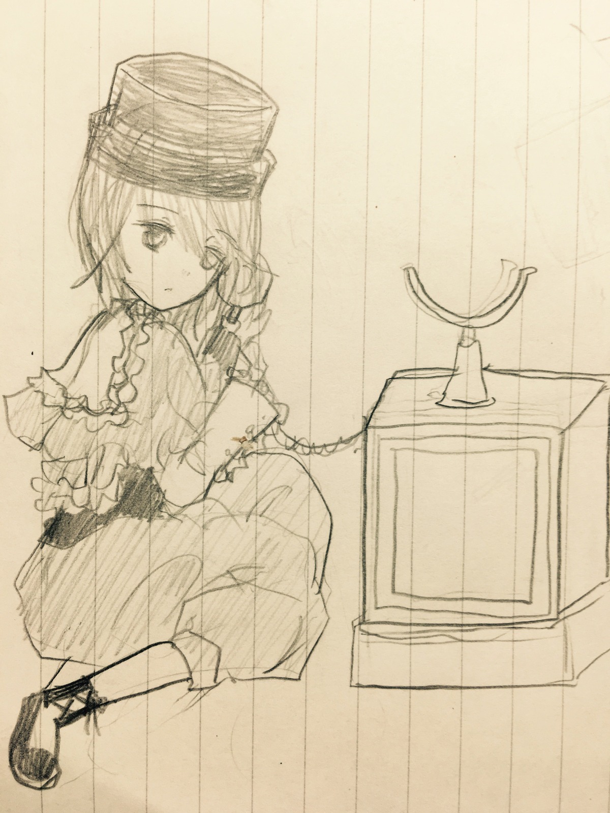 1girl capelet hat image long_sleeves looking_at_viewer monochrome sitting solo souseiseki