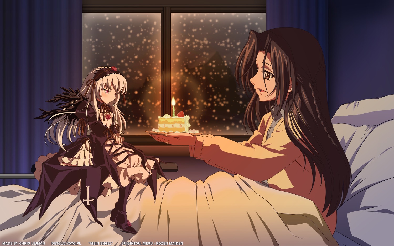 bed brown_hair candle dress food image kakizaki_megu long_hair multiple_girls sitting solo suigintou wings