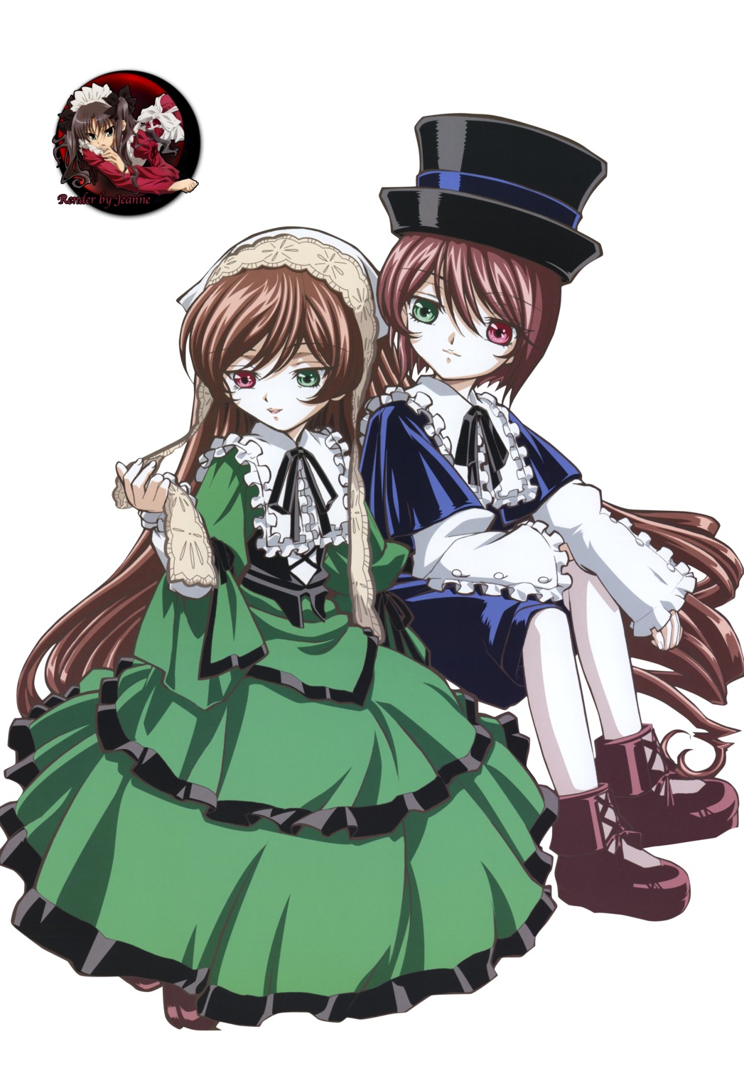 2girls brown_hair dress frills full_body green_dress green_eyes hat heterochromia image long_hair long_sleeves looking_at_viewer multiple_girls pair red_eyes short_hair siblings sisters souseiseki suiseiseki top_hat twins very_long_hair white_background