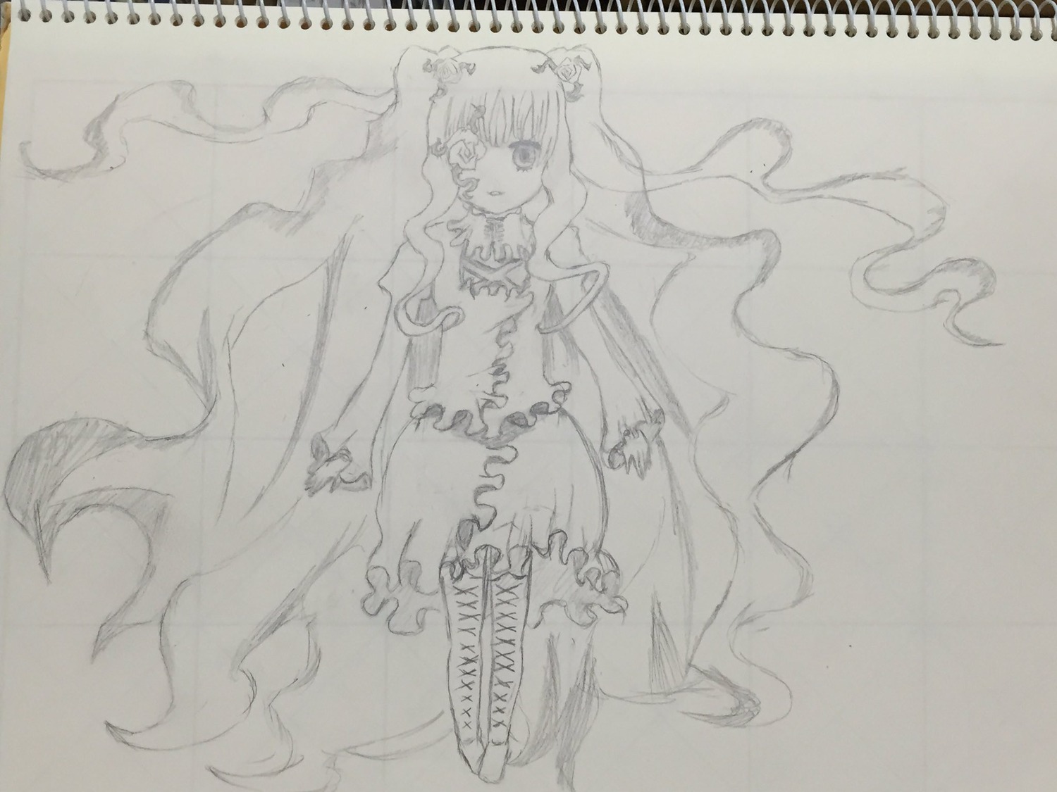 1girl boots bow dress image kirakishou long_hair monochrome solo traditional_media twintails very_long_hair