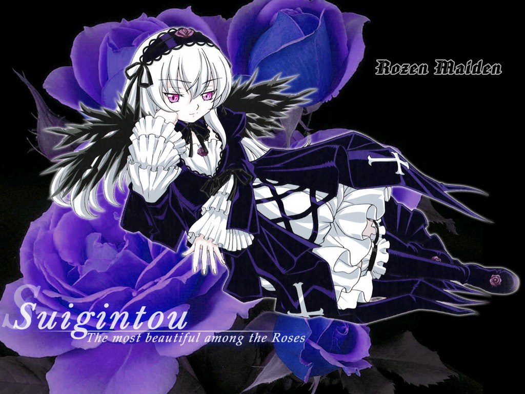 1girl boots character_name copyright_name dress flower frills hairband image lolita_hairband long_hair long_sleeves looking_at_viewer pink_eyes ribbon silver_hair smile solo suigintou wings