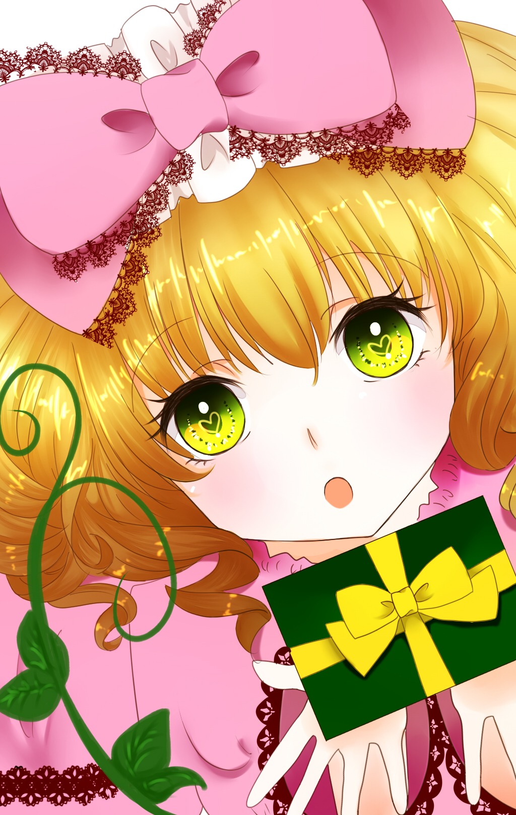 1girl :o auto_tagged blonde_hair blush bow box close-up face gift gift_box green_eyes hina_ichigo hinaichigo holding_gift image looking_at_viewer pink_bow pink_headwear solo