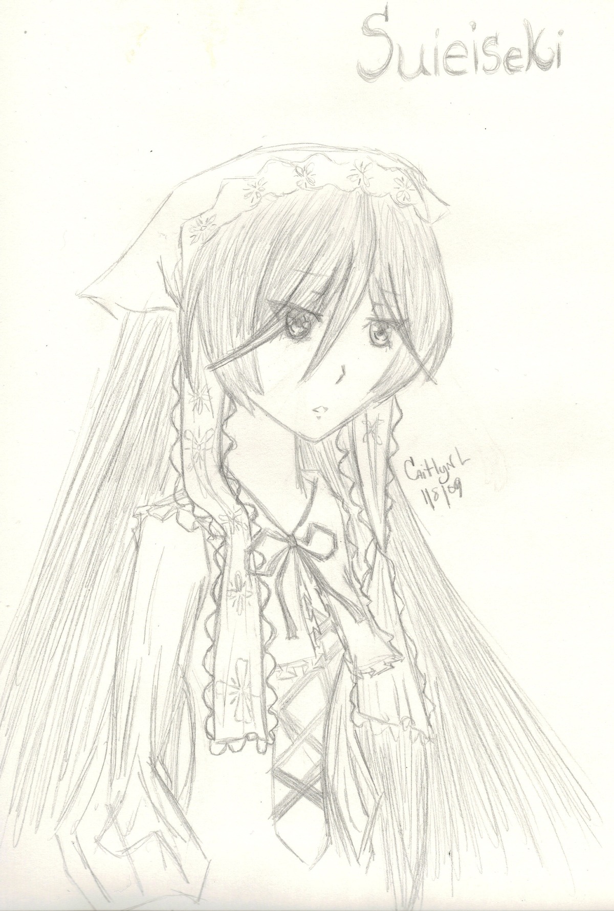 1girl auto_tagged dress frills image long_hair long_sleeves looking_at_viewer monochrome sketch solo suiseiseki upper_body white_background