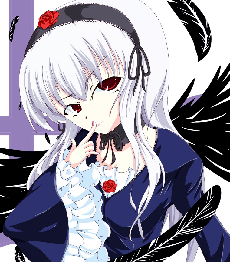 1girl black_wings dress feathers finger_to_mouth flower frilled_sleeves frills hairband image long_hair long_sleeves looking_at_viewer red_eyes red_flower red_rose ribbon rose silver_hair solo suigintou tongue tongue_out upper_body wings