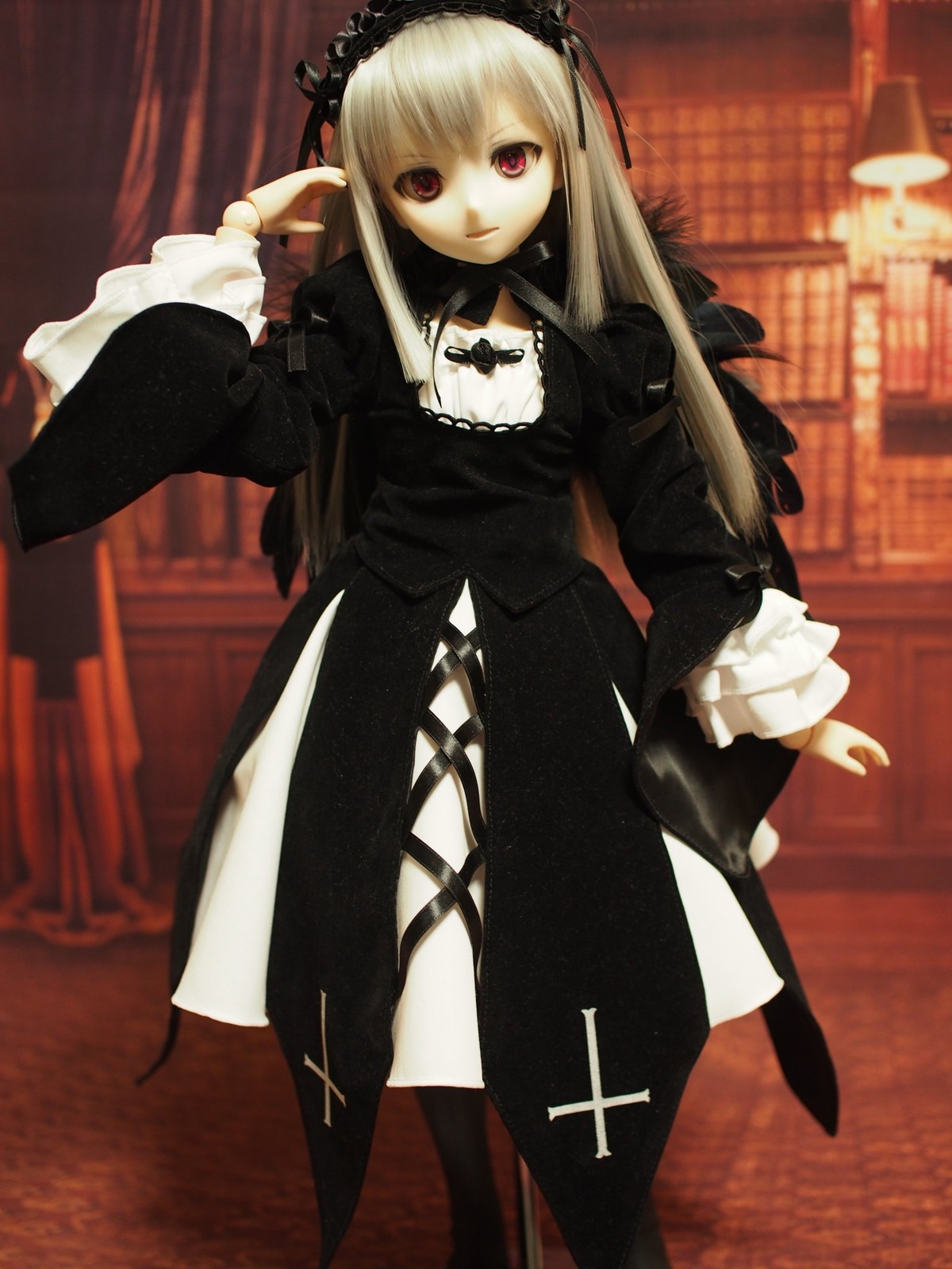 1girl 3d cross doll dress frills hairband indoors lolita_hairband long_hair long_sleeves looking_at_viewer red_eyes ribbon solo standing suigintou wide_sleeves