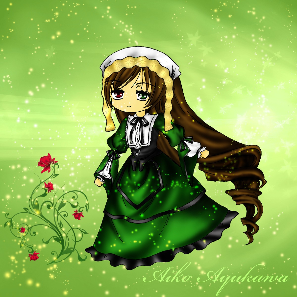 1girl auto_tagged brown_hair dress drill_hair flower frills green_background green_dress green_eyes head_scarf heterochromia image long_hair long_sleeves looking_at_viewer red_eyes smile solo standing suiseiseki twin_drills very_long_hair watering_can