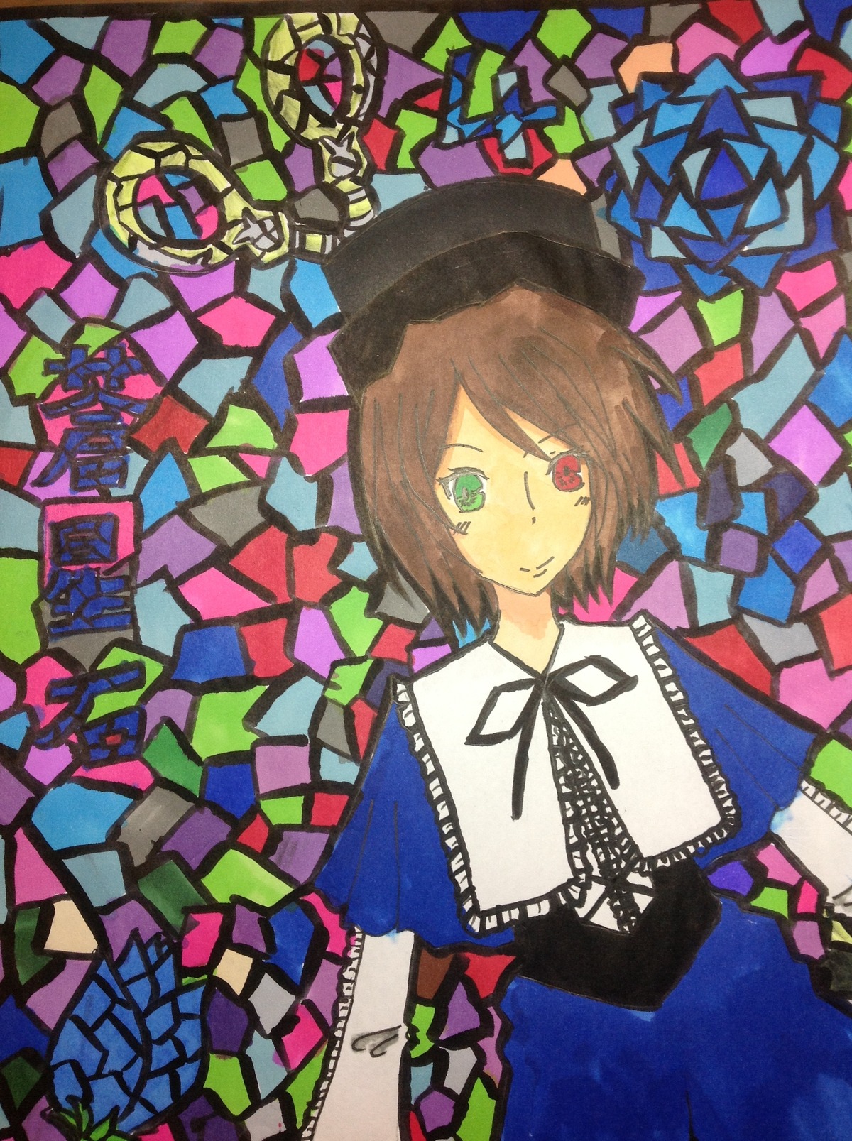 1girl brown_hair capelet colorful dress green_eyes hat heterochromia image red_eyes ribbon short_hair smile solo souseiseki stained_glass suiseiseki