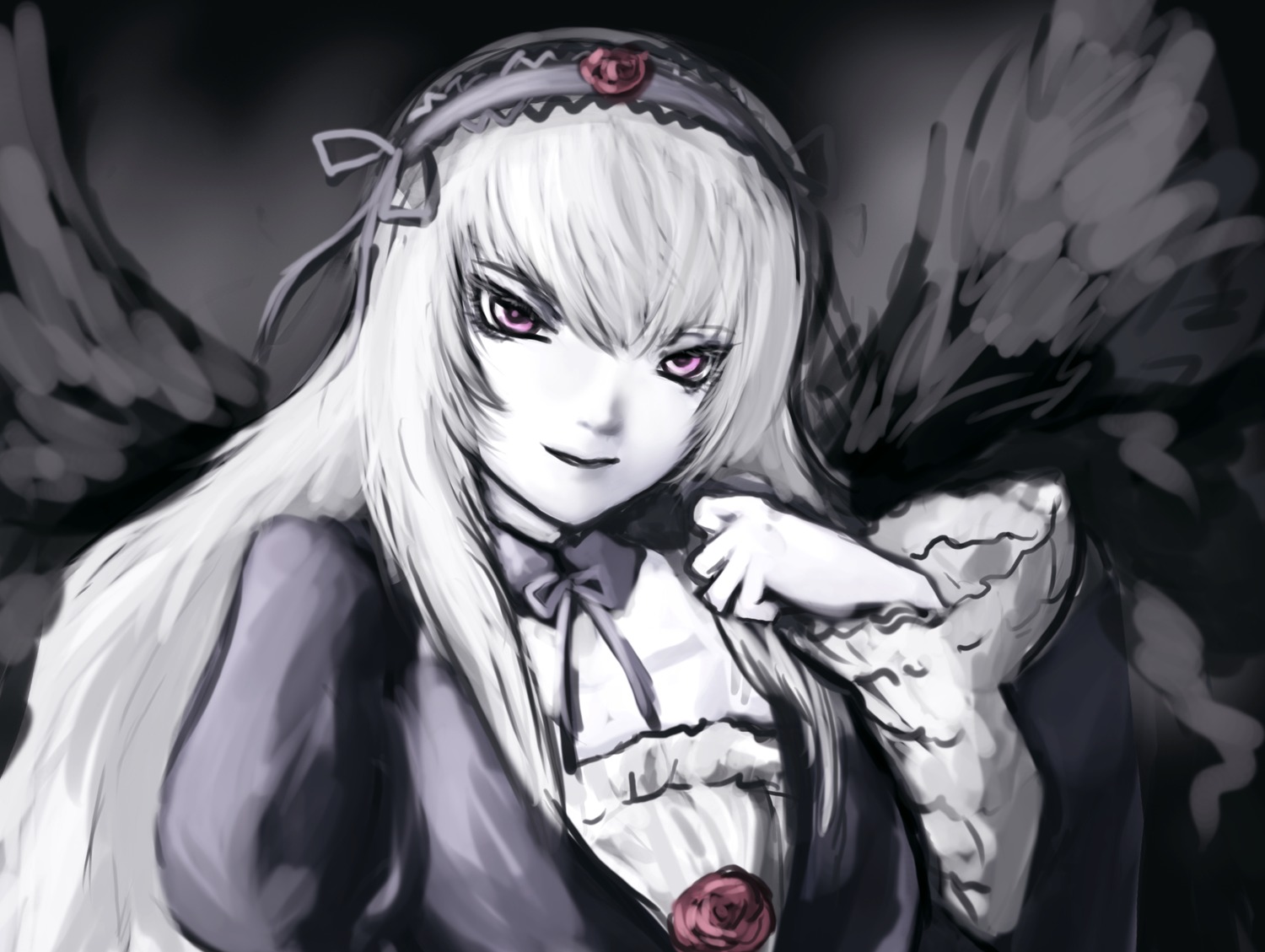 1girl black_wings dress feathered_wings feathers flower frilled_sleeves frills hairband image lolita_hairband long_hair long_sleeves looking_at_viewer pink_eyes red_flower red_rose rose smile solo suigintou upper_body wings