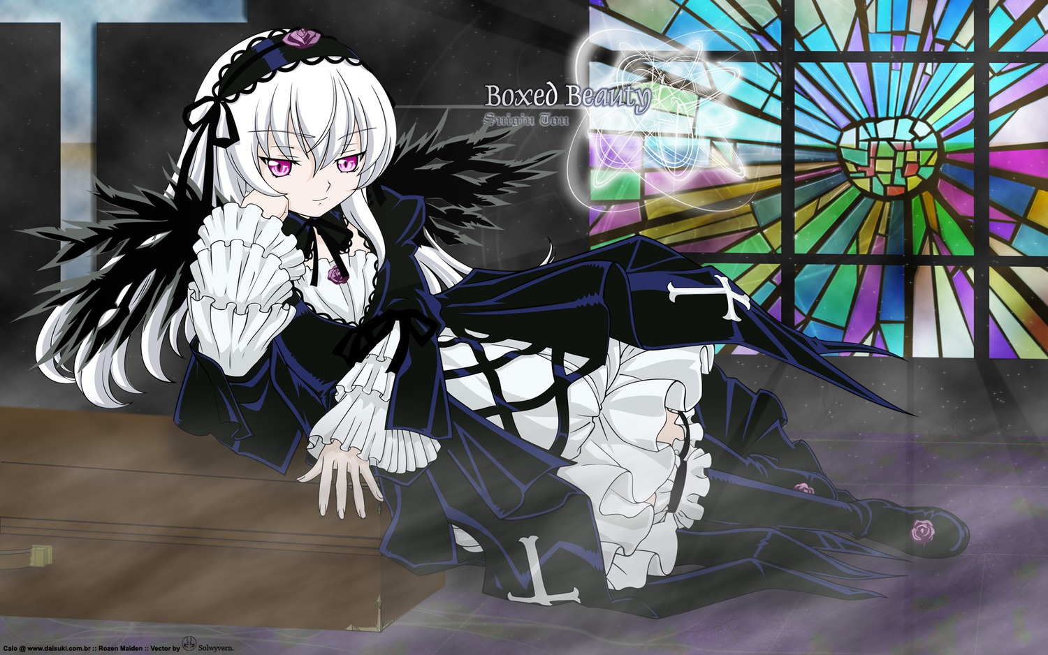 1girl black_legwear black_wings boots dress frilled_sleeves frills hairband image lolita_fashion lolita_hairband long_hair long_sleeves looking_at_viewer pink_eyes purple_eyes ribbon silver_hair smile solo suigintou wings