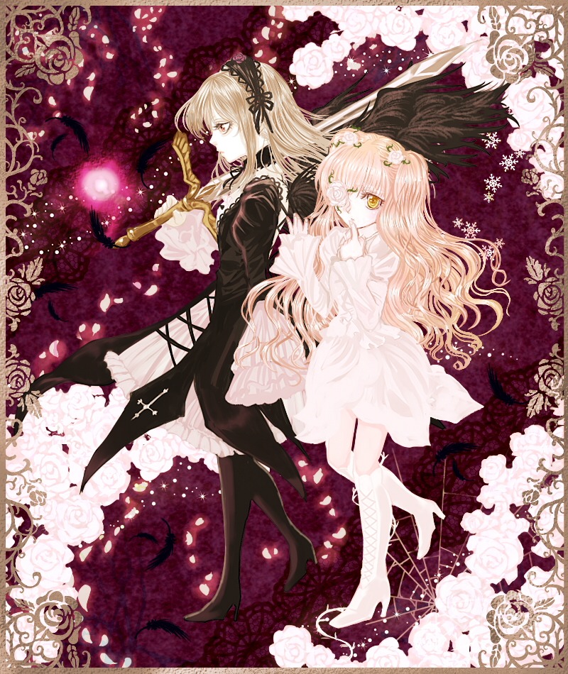 2girls blonde_hair boots dress flower hairband high_heel_boots high_heels image kirakishou long_hair long_sleeves multiple_girls pair petals rose suigintou thigh_boots thighhighs wings yellow_eyes