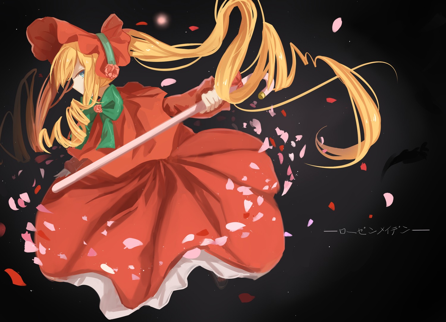 1girl auto_tagged black_background blonde_hair blue_eyes bonnet bow bowtie capelet dress flower green_bow green_neckwear image long_hair long_sleeves petals red_capelet red_dress red_flower rose rose_petals shinku solo twintails very_long_hair