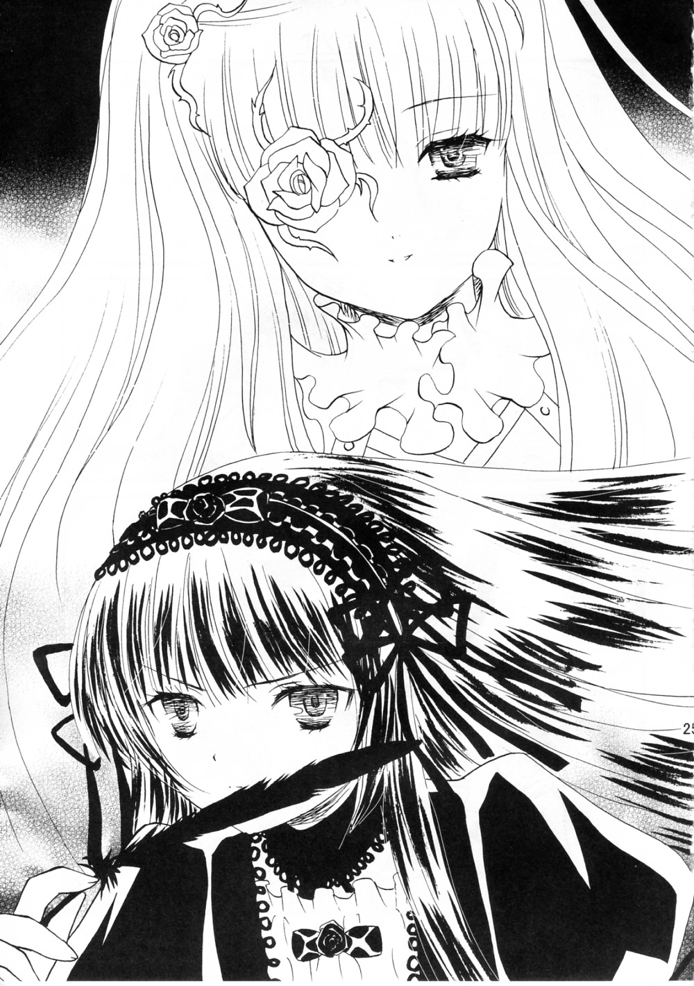 2girls blush doujinshi doujinshi_#89 dress flower frills greyscale image long_hair looking_at_viewer monochrome multiple multiple_girls ribbon rose smile suigintou