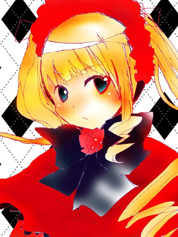 1girl auto_tagged bangs blonde_hair blue_eyes blush bonnet bow drill_hair flower hairband image looking_at_viewer red_flower ribbon rose shinku solo twintails upper_body