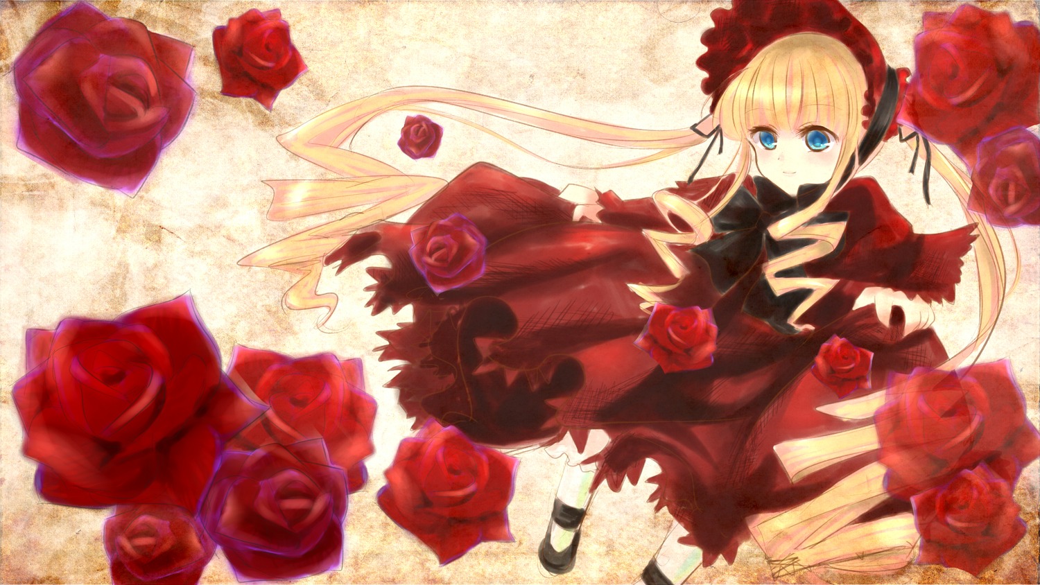 1girl auto_tagged black_rose blonde_hair blue_eyes blue_rose dress flower image lolita_fashion long_hair pink_flower pink_rose purple_rose red_flower red_rose rose rose_petals shinku solo thorns twintails yellow_rose