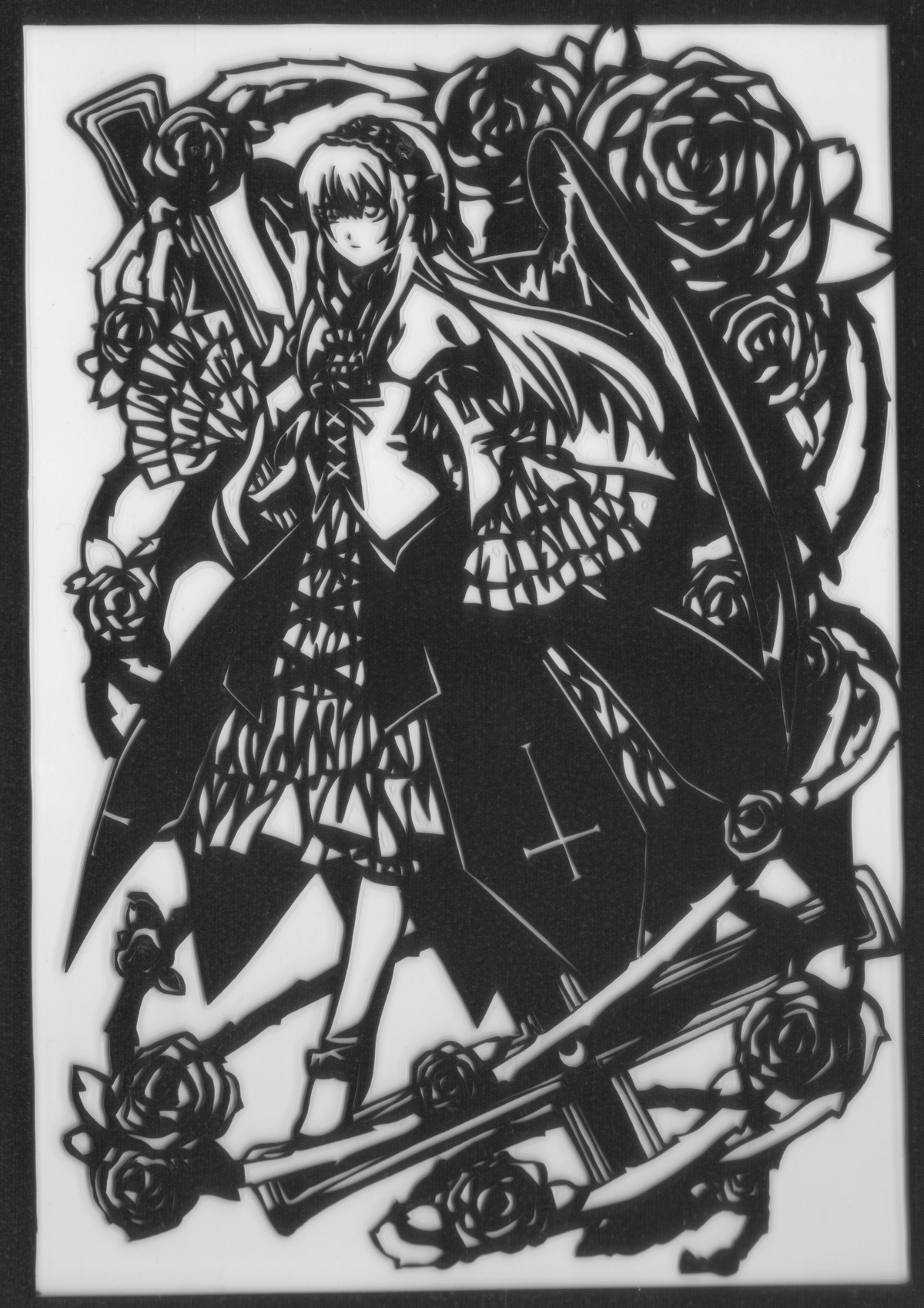 1girl akemi_homura akuma_homura bare_shoulders border dress elbow_gloves flower gloves greyscale hairband image long_hair monochrome rose simple_background solo suigintou thorns traditional_media weapon wings