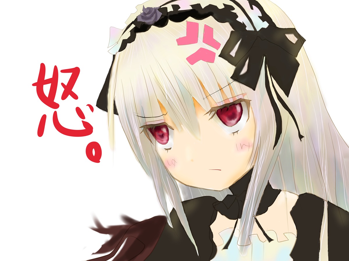 1girl anger_vein auto_tagged bangs black_dress black_ribbon blush closed_mouth collarbone detached_collar dress eyebrows_visible_through_hair hairband image lolita_hairband long_hair looking_at_viewer red_eyes ribbon rose silver_hair simple_background solo suigintou white_background