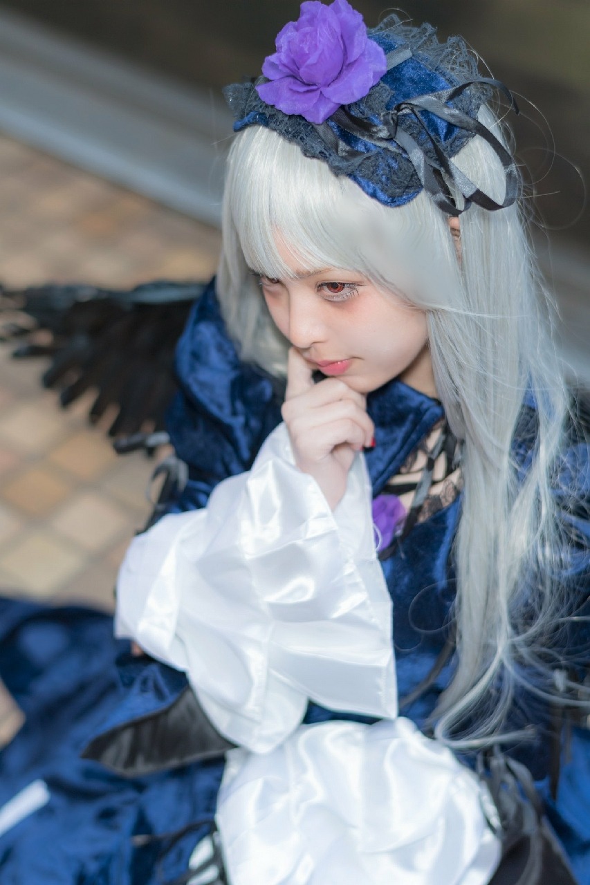 1girl blurry blurry_background blurry_foreground depth_of_field dress flower hair_flower hair_ornament lips long_hair long_sleeves photo red_eyes sitting solo suigintou white_hair