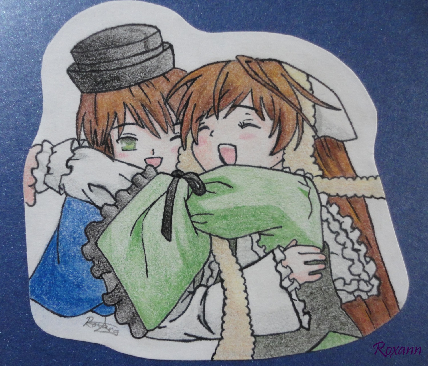 2girls bonnet brown_hair closed_eyes dress frills green_dress green_eyes hat head_scarf hug image long_hair long_sleeves multiple_girls one_eye_closed open_mouth pair short_hair siblings signature sisters smile souseiseki suiseiseki traditional_media twins