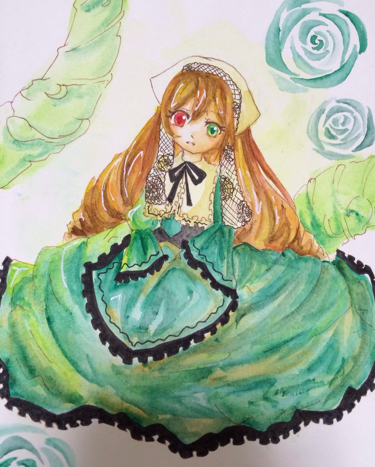 1girl bow brown_hair dress flower frills green_dress green_eyes head_scarf heterochromia image long_hair long_sleeves looking_at_viewer red_eyes rose solo suiseiseki traditional_media twintails very_long_hair watercolor_(medium)