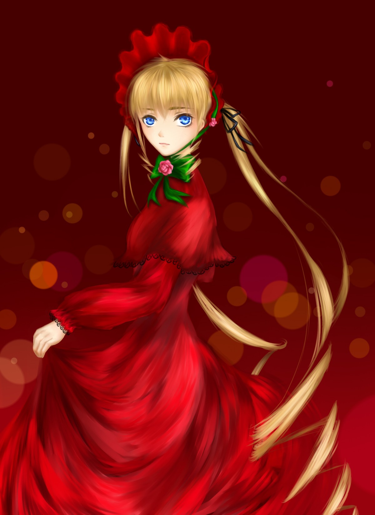 1girl blonde_hair blue_eyes bonnet bow capelet dress flower green_bow image long_hair long_sleeves looking_at_viewer red_dress shinku solo twintails very_long_hair