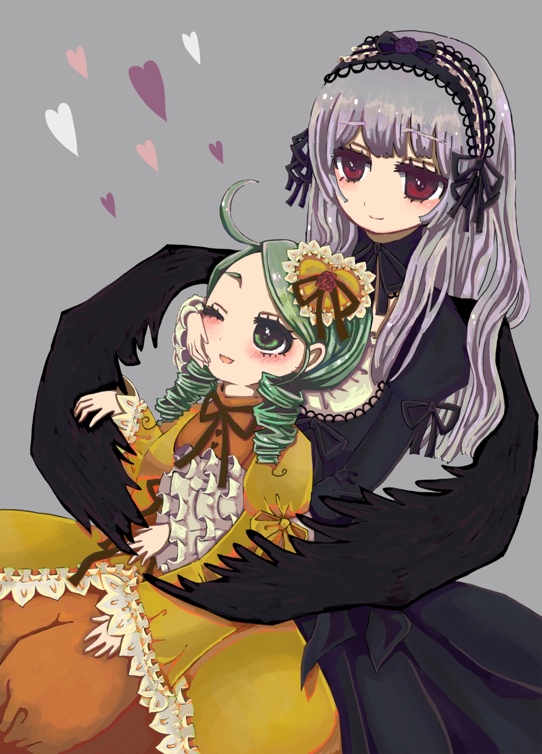 2girls black_wings blush dress drill_hair frills green_eyes green_hair grey_background hairband heart image kanaria long_hair long_sleeves multiple_girls one_eye_closed pair red_eyes silver_hair simple_background smile suigintou twin_drills wings