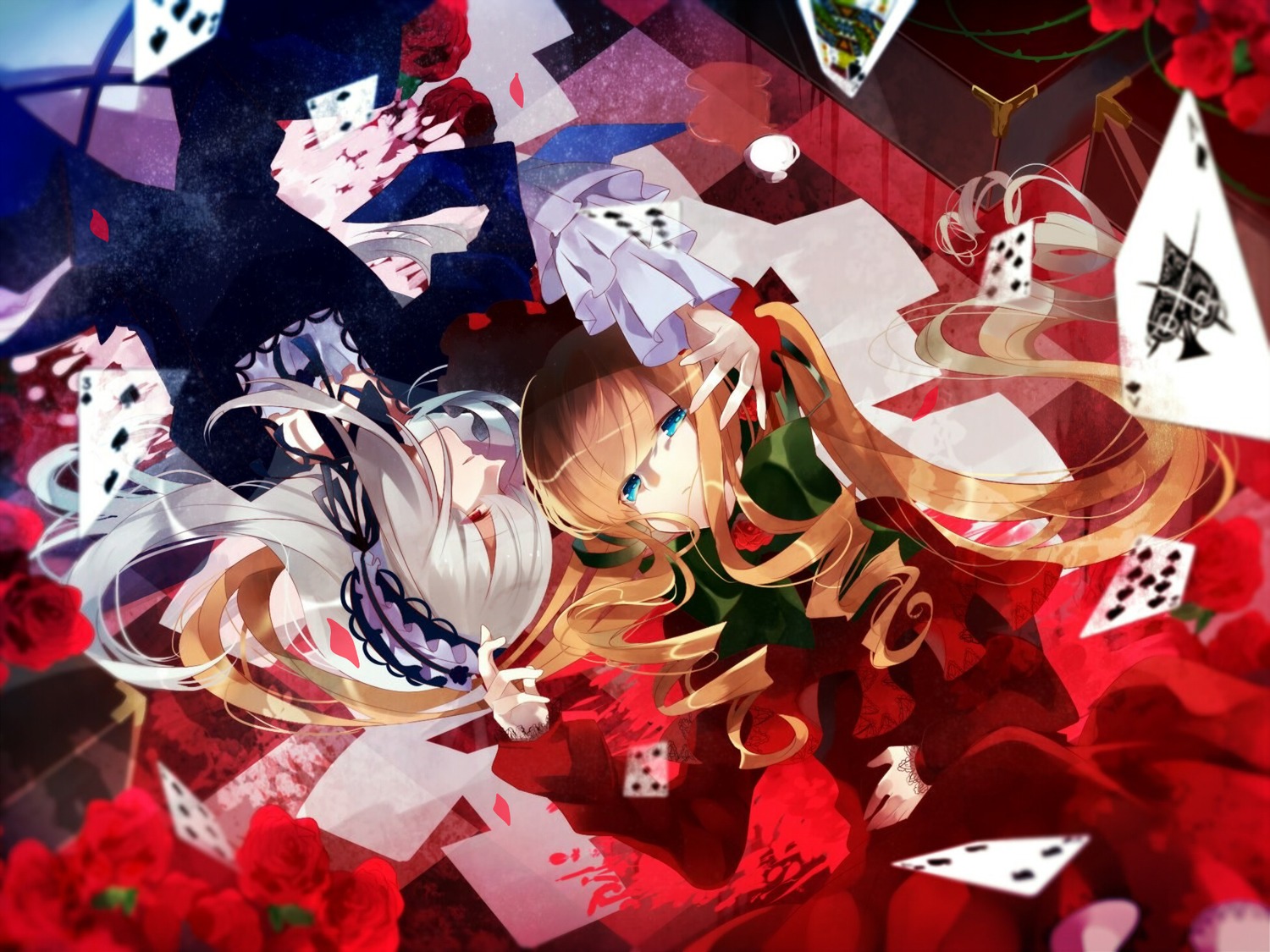 2girls blonde_hair blue_eyes bow card checkered checkered_floor dress drill_hair flower frilled_sleeves hairband image long_hair lying multiple_girls pair playing_card red_eyes red_flower red_rose rose shinku silver_hair smile suigintou