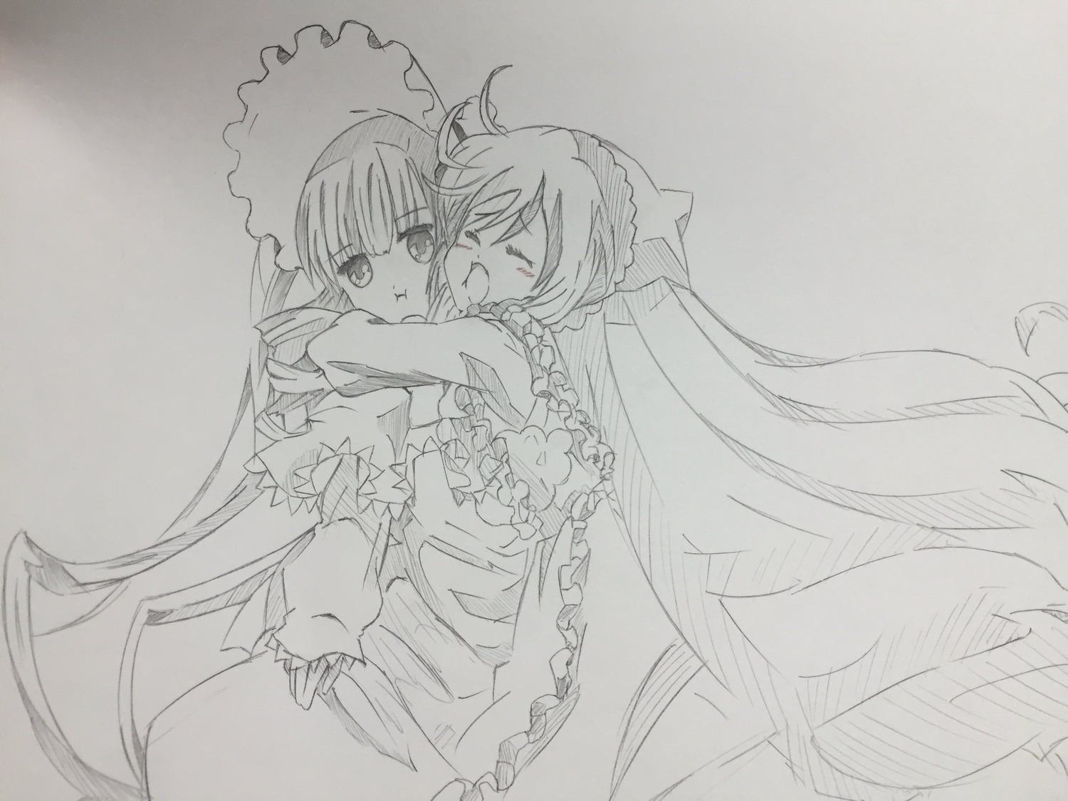 2girls bow closed_eyes dress frills greyscale hat hug image long_hair long_sleeves monochrome multiple_girls open_mouth pair shinku sketch suiseiseki traditional_media very_long_hair yuri