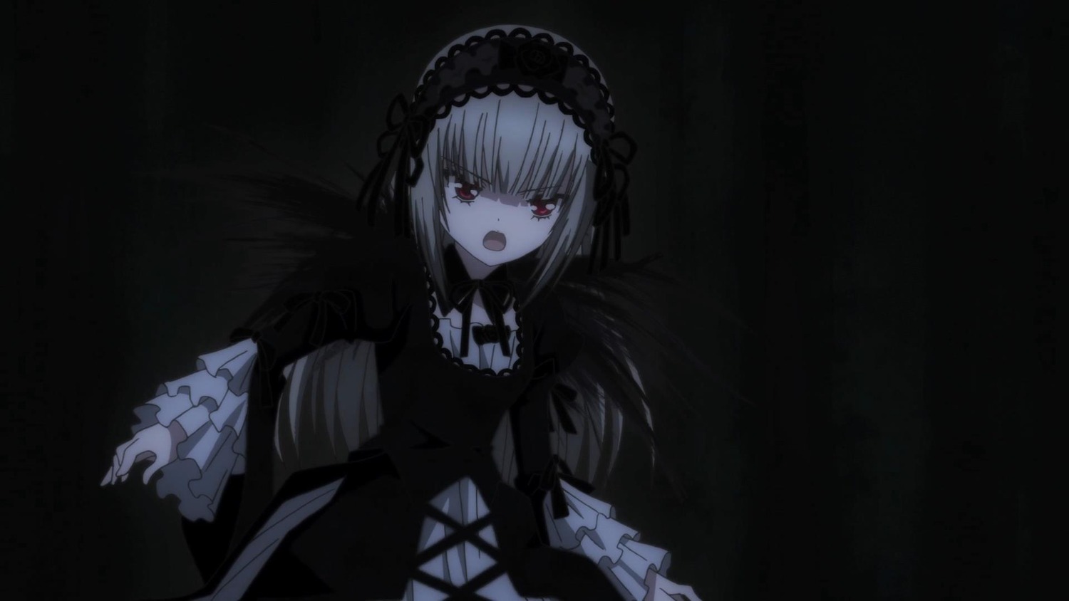 1girl bangs black_background black_dress black_ribbon dress eyebrows_visible_through_hair frills gothic_lolita hairband image lolita_fashion long_hair long_sleeves looking_at_viewer open_mouth red_eyes ribbon silver_hair solo suigintou wide_sleeves