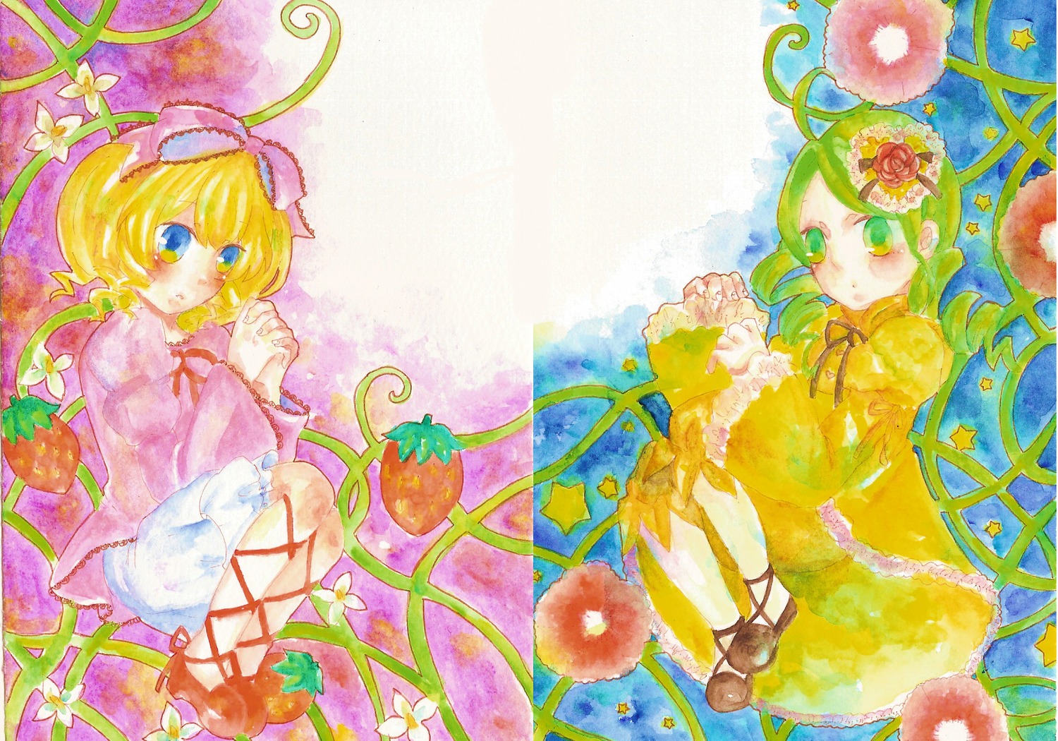 2girls auto_tagged blonde_hair colored_pencil_(medium) flower green_eyes green_hair hair_ornament hair_ribbon hinaichigo image kanaria lily_of_the_valley medicine_melancholy multiple_girls pair puffy_sleeves ribbon short_hair skirt traditional_media watercolor_(medium)