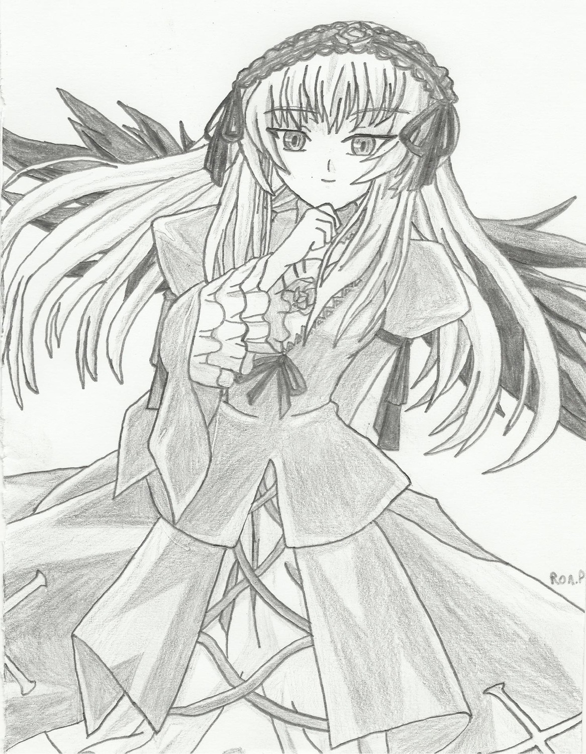 1girl dress flower frills greyscale hairband image long_hair long_sleeves looking_at_viewer monochrome rose signature simple_background smile solo suigintou traditional_media very_long_hair wings