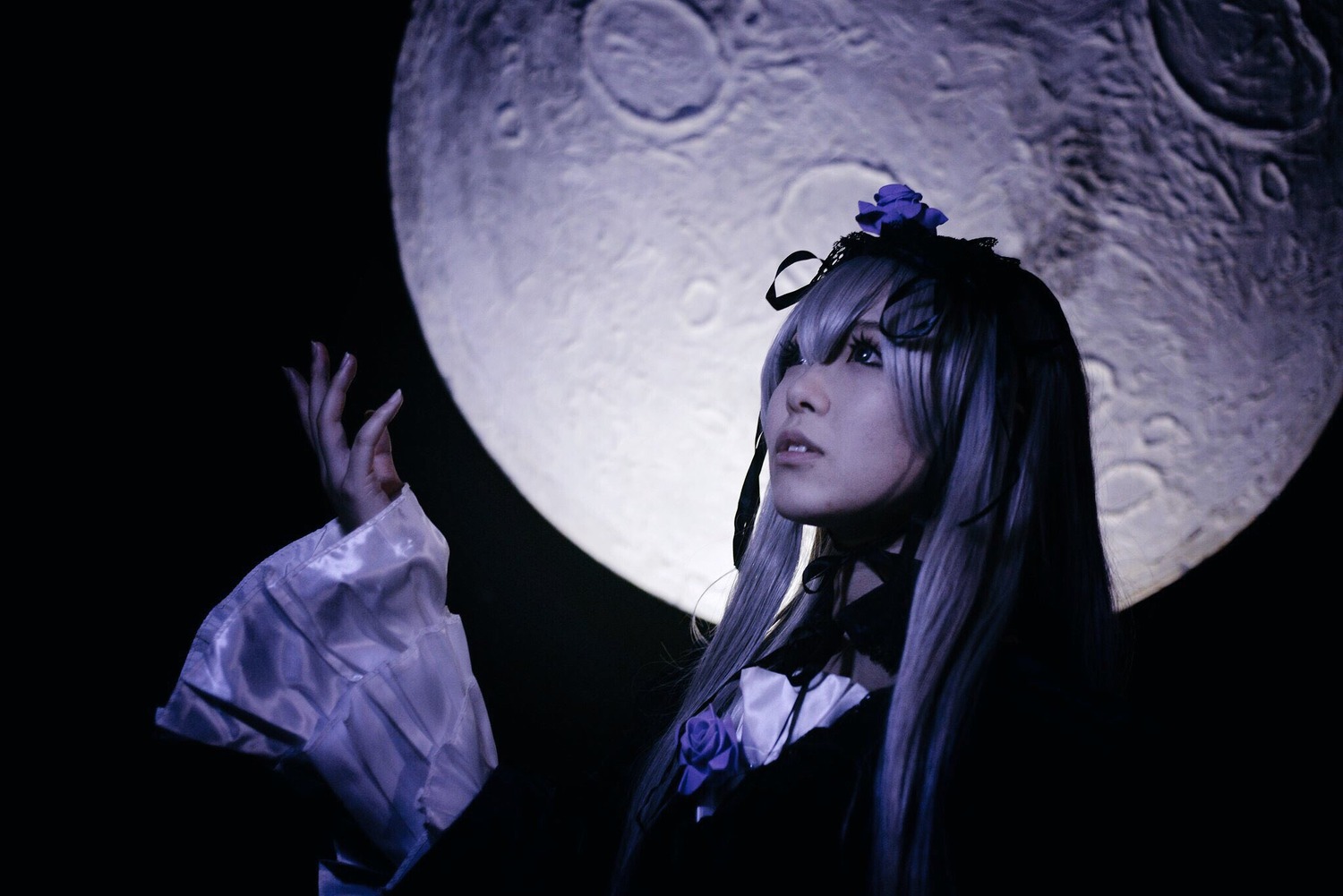 1girl bangs crescent_moon flower full_moon hair_flower hair_ornament lips long_hair moon purple_hair solo suigintou upper_body