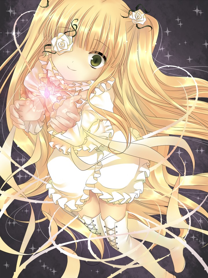 1girl blonde_hair boots commentary_request dress eyepatch flower frills hair_flower hair_ornament hanabana_tsubomi image kirakishou long_hair rose rozen_maiden smile solo sparkle thigh_boots thighhighs thorns two_side_up very_long_hair white_dress white_rose